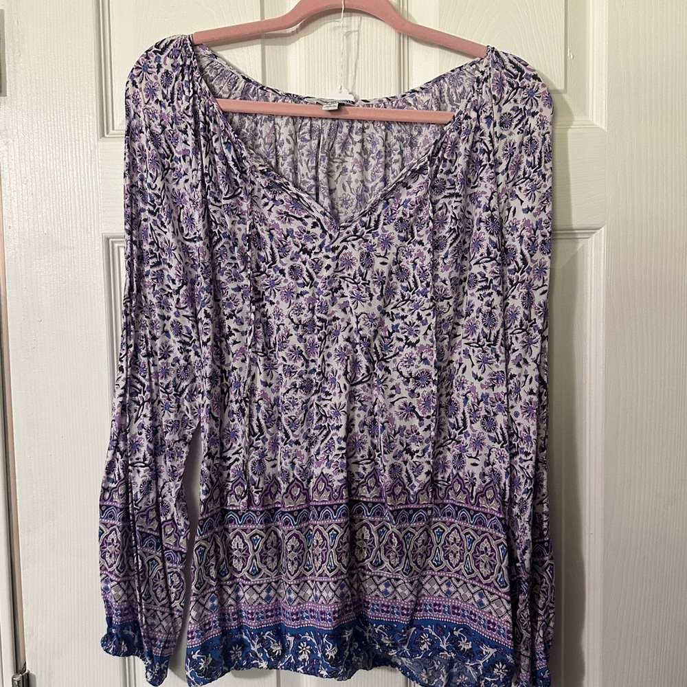 Lucky Brand Purple and Blue Patterned 3/4 Sleeve Blouse